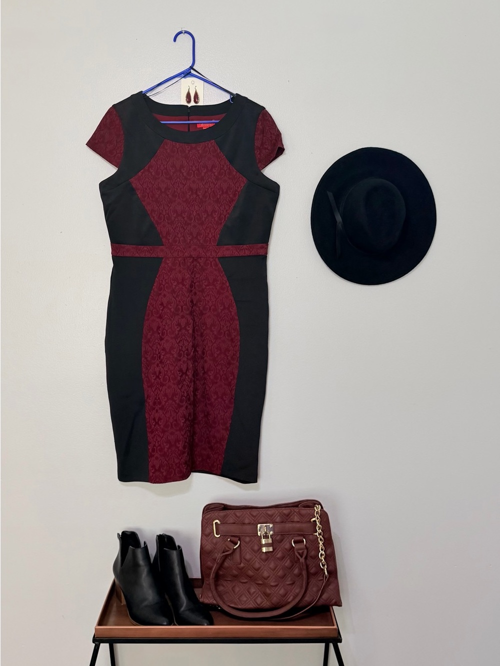 Sheath Dress with Burgundy Lace Panels - Women's Dress
